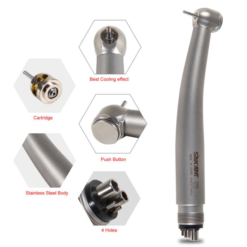 Dental High Speed Stainless Steel Handpiece Push Button 4 Holes Triple-Way Spray